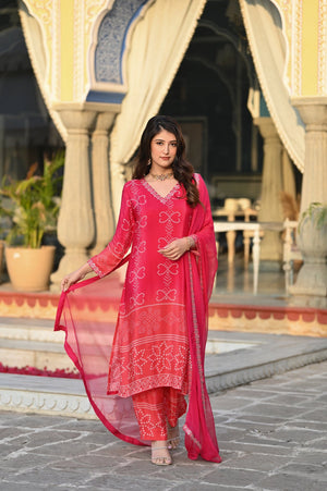 Chinon Silk Printed Kurta Pant Dupatta Set – Peach