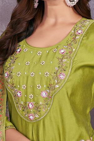 Premium Marina Silk Embroidered Straight Kurti Set – Parrot Green