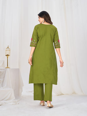 Pure Cotton Embroidered Anarkali Kurti Set – Green