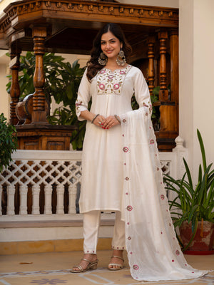 Pure Viscose Mango Silk Embroidered Straight Kurti Set – White