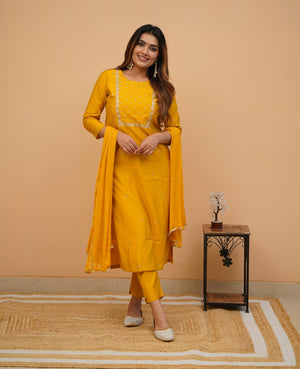 Rayon Slub Embroidered Kurta Pant Dupatta Set – Yellow