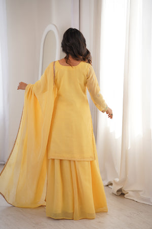 Crunchy Silk Embroidered Kurta-Sharara Set – Yellow