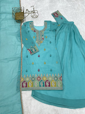 Crunchy Silk Embroidered Kurta-Sharara Set – Sky Blue