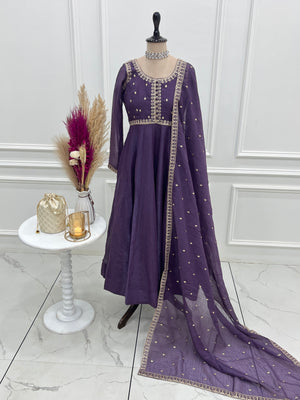 Crunchy Silk Embroidered Gown Set – Purple