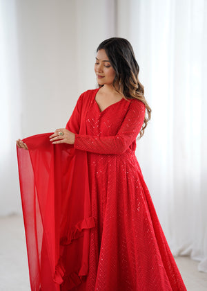 Georgette Embroidered Anarkali Set – Red
