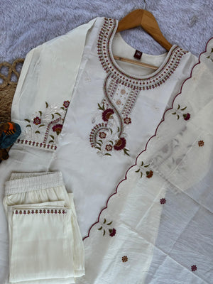 Roman Silk Embroidered Straight Kurti Set – White
