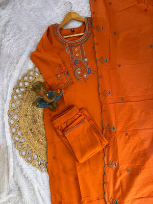 Roman Silk Embroidered Straight Kurti Set – Orange