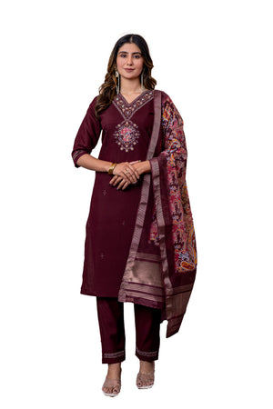 Marina Viscose Silk Embroidered Straight Kurti Set – Wine
