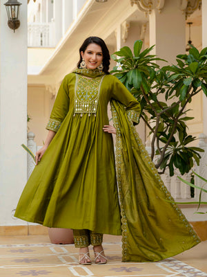 Viscose Roman Silk Embroidered Anarkali Kurti Set – Mahendi