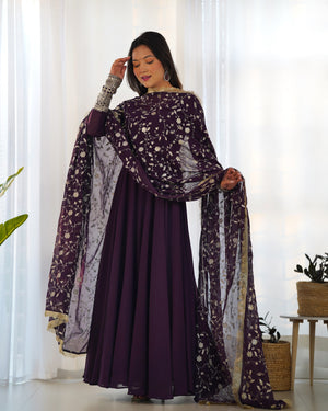 Georgette Embroidered Gown Set – Wine