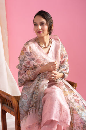 Viscose Chanderi Embroidered Kurta Pant Dupatta Set – Pink