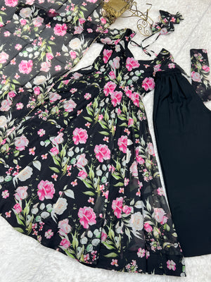 Organza Silk Printed Anarkali Set – Black