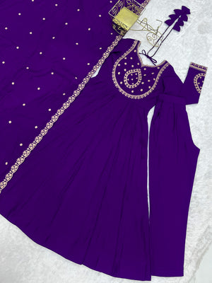 Roman Chanderi Silk Embroidered Anarkali Set – Purple