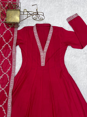 Vichitra Silk Embroidered Gown Set – Red