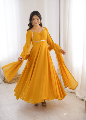 Georgette Embroidered Gown Set – Yellow