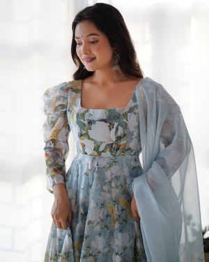 Organza Silk Printed Anarkali Set – Powder Blue Floral