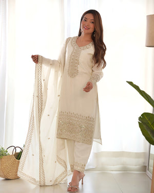 Chinon Silk Embroidered Straight Kurta Set – Ivory