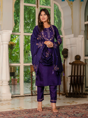 Marina Silk Embroidered Straight Kurti Set – Violet