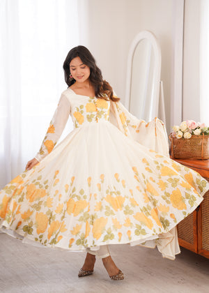 Organza Silk Printed Anarkali Set – Ivory Floral