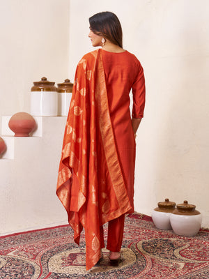 Roman Silk Embroidered Straight Kurti Set – Rust