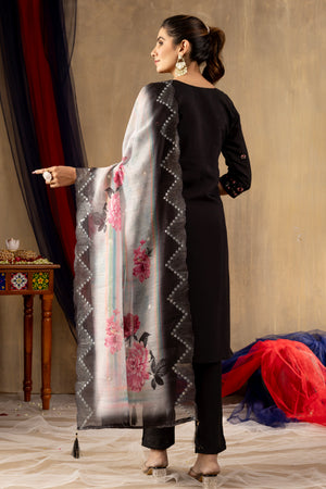 Roman Silk Embroidered Straight Kurti Set – Black