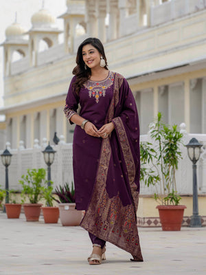 Premium Roman Silk Embroidered Straight Kurti Set – Wine