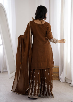 Crunchy Silk Embroidered Sharara Set – Coffee Brown