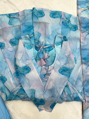 Organza Silk Printed Anarkali Set – Sky Blue