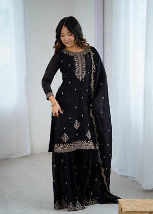 Crunchy Silk Embroidered Kurta-Sharara Set – Black