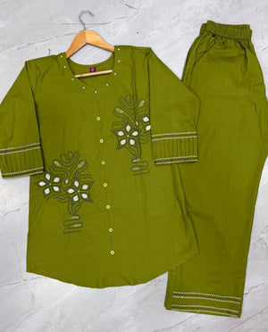 Pure Cotton Embroidered Co-Ords Set – Mehendi