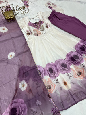 Organza Silk Printed Anarkali Set – Lilac Floral