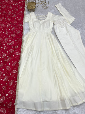 Vichitra Silk Designer Anarkali Set – Ivory & Rani Pink