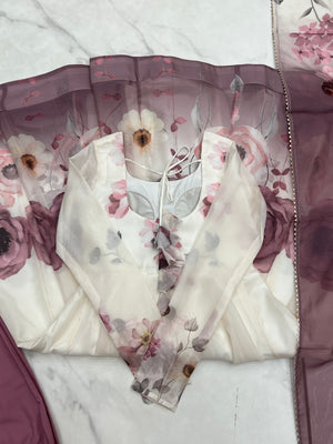 Organza Silk Printed Anarkali Set – Lilac Floral