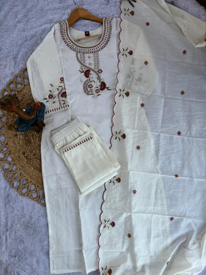 Roman Silk Embroidered Straight Kurti Set – White