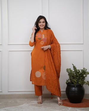 Rayon Slub Embroidered Kurta Pant Dupatta Set – Orange