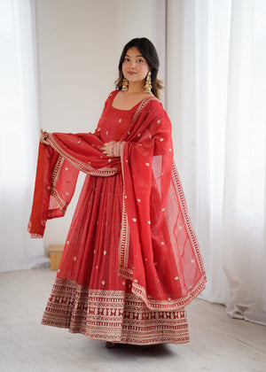 Crunchy Silk Embroidered Gown Set – Rust