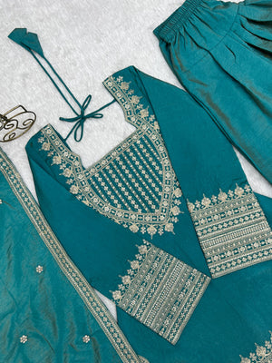 Vichitra Silk Embroidered Farshi Salwar Set – Sea Green