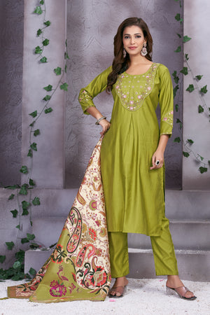 Premium Marina Silk Embroidered Straight Kurti Set – Parrot Green