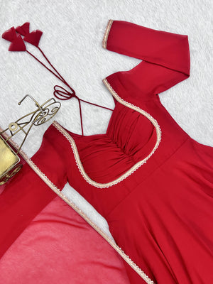 Georgette Embroidered Gown Set – Red