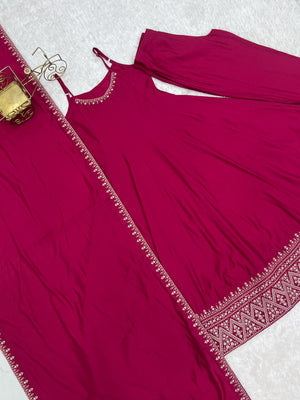 Roman Chanderi Silk Embroidered Anarkali Set – Rani Pink