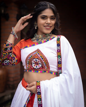 Navratri Orange White Arches Patch Work Lehenga Set