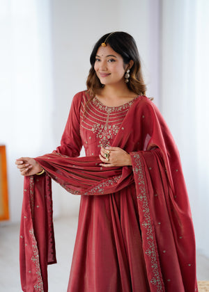 Roman Shimmer Silk Embroidered Anarkali Set – Maroon