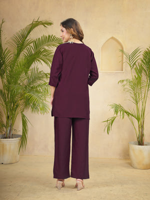 Heavy Rayon Embroidered Co-Ords Set – Wine