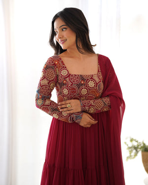 Georgette Embroidered Anarkali Set – Wine