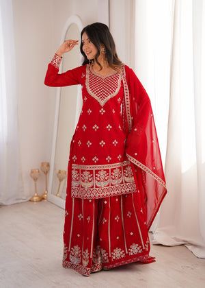 Georgette Embroidered Kurta-Sharara Set – Red