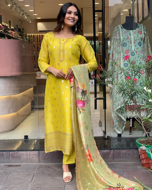 Viscose Organza Jacquard Embroidered Kurta Pant Dupatta Set – Lime Green