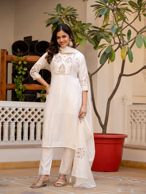Pure Viscose Mango Silk Embroidered Straight Kurti Set – White