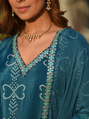 Chinon Silk Printed Kurta Pant Dupatta Set – Rama Green