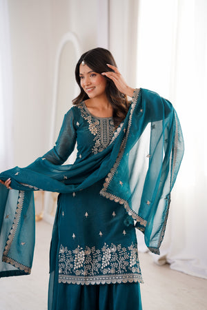 Crunchy Silk Embroidered Sharara Set – Teal Blue