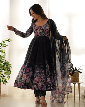 Organza Silk Printed Anarkali Set – Black